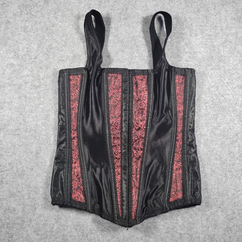 Class Act Vintage Corset Top‎ Black Red Paisley Lace Up Back Boned Size 32 USA